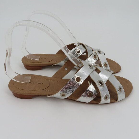 Tahari Drive Womens 10 Faux Leather Metallic Silver Grommet Strappy Sandal Flats - Picture 7 of 12